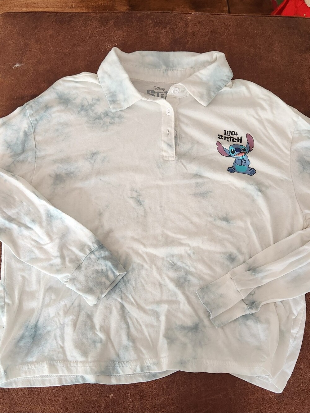 Disney Lilo And Stitch Kids Longsleeve, Polo with Light Blue Tie-Dye